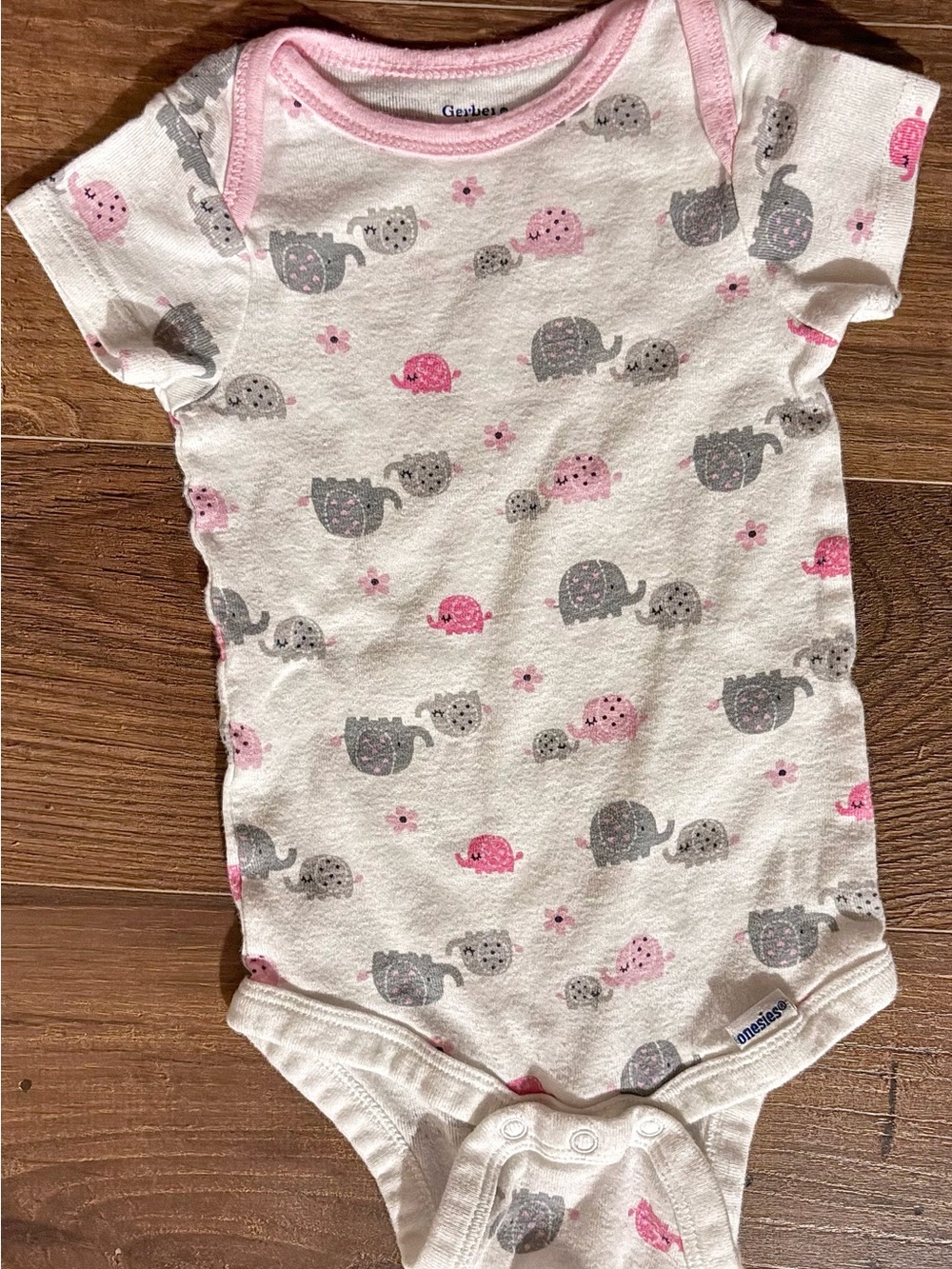 Gerber White One-Piece with Pink and Gray Elephant Print